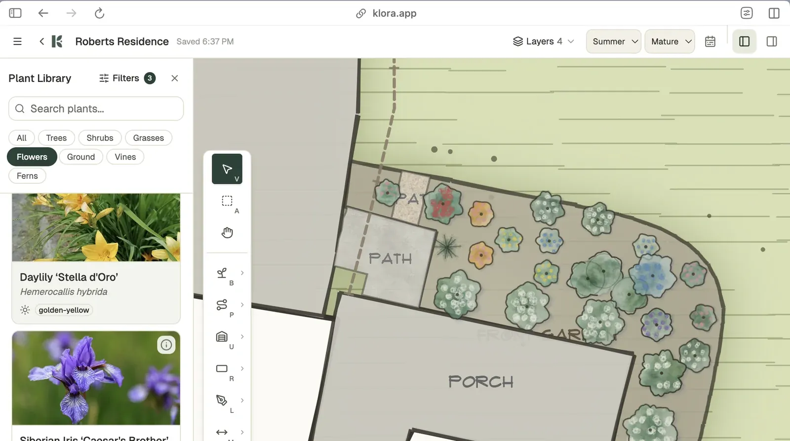 Klora open in a browser: the plant library on the left with daylily and Siberian iris, the drawing tools beside it, and a front-garden plan on the canvas with beds laid out around the porch.
