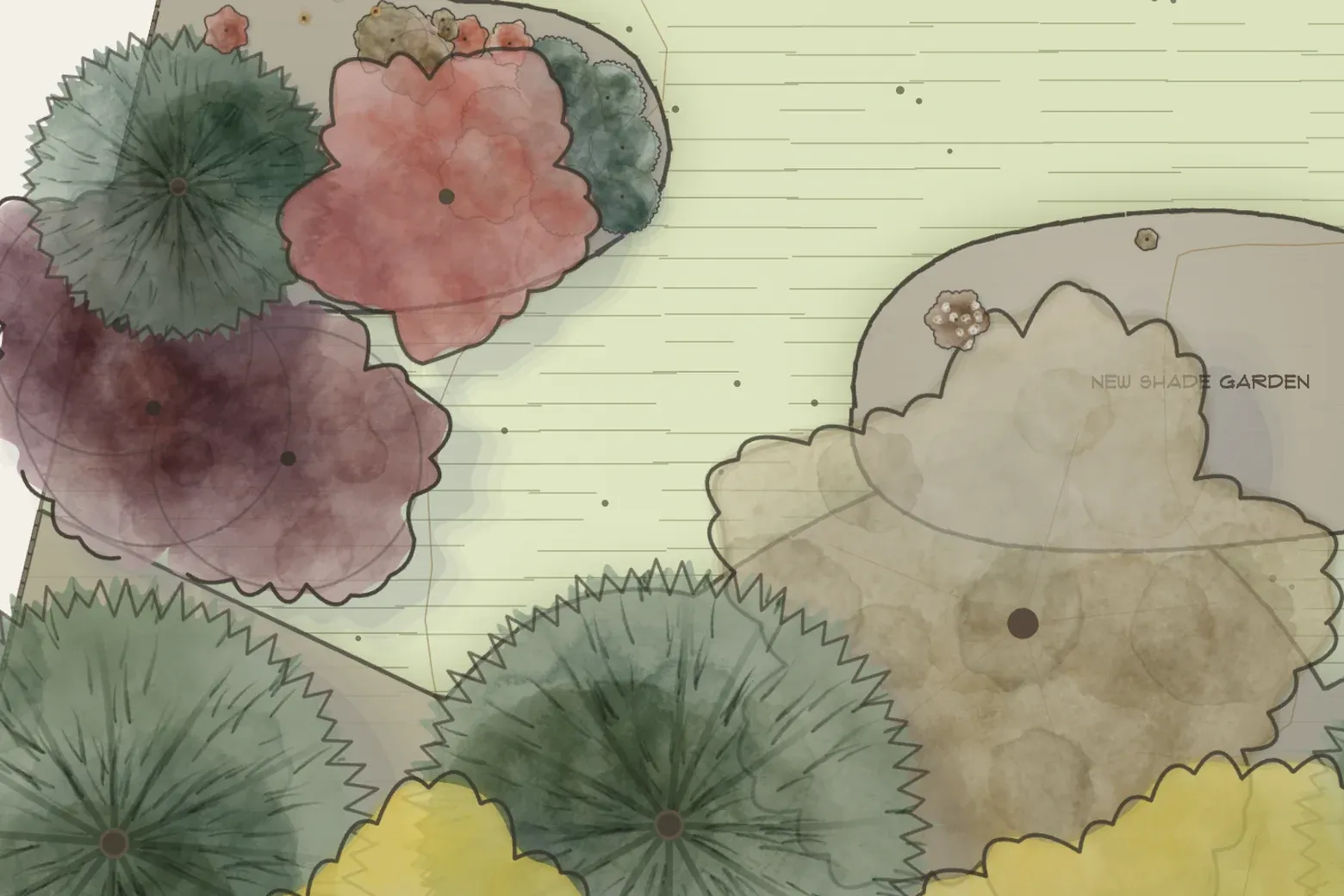 The same corner drawn for fall — the same plants redrawn in red, purple, bronze and gold.