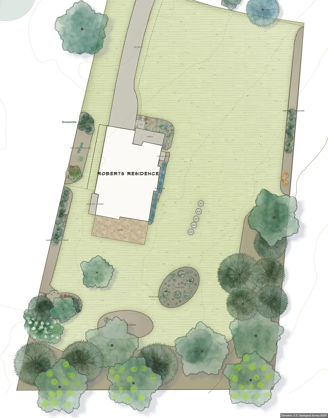 The same property designed in Klora: a patio off the house, planted beds along both fence lines, a woodland edge of trees, and a rain garden in the lawn.