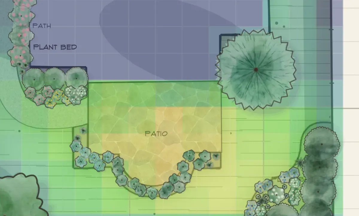 The same plan under a sun-and-shade study — a colour grid showing hours of sun, with the house casting shade across the patio.